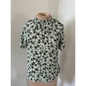 Ann Taylor Polka Dot Ruffle Mock Neck Blouse Green Short Sleeve XS